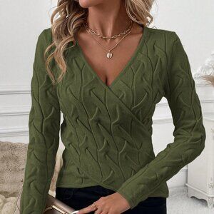 Army Green Casual Women's Crossover Cable-Tie Elegant Sweater